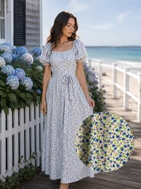 LoveShackFancy Blue Ditsy Floral Cotton Maxi Dress Coastal Garden Party XS 0/2
